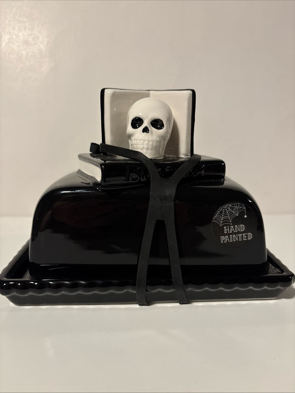 Cobwebs & Cauldron Halloween Skull On Books  Butter Dish, Black New